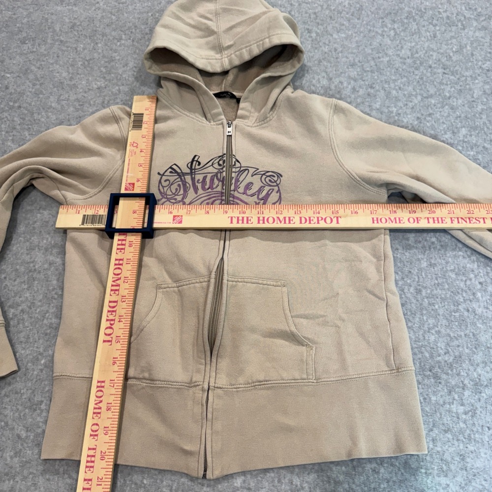 Y2K Hurley Womens Zip Up Hoodie Tan Beige Purple Graphic Logo Skater - Picture 2 of 8
